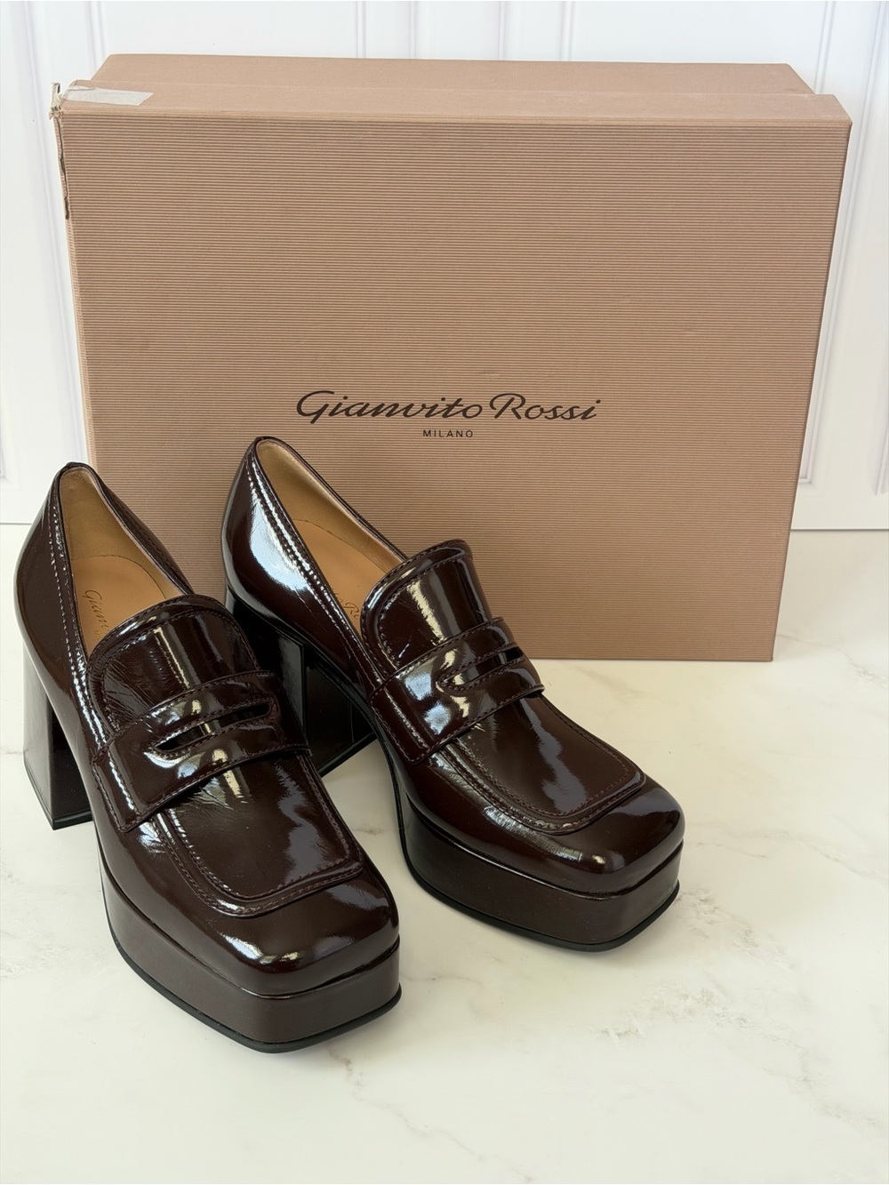 Gianvito Rossi Dark Brown Patent Leather Platform Loafers